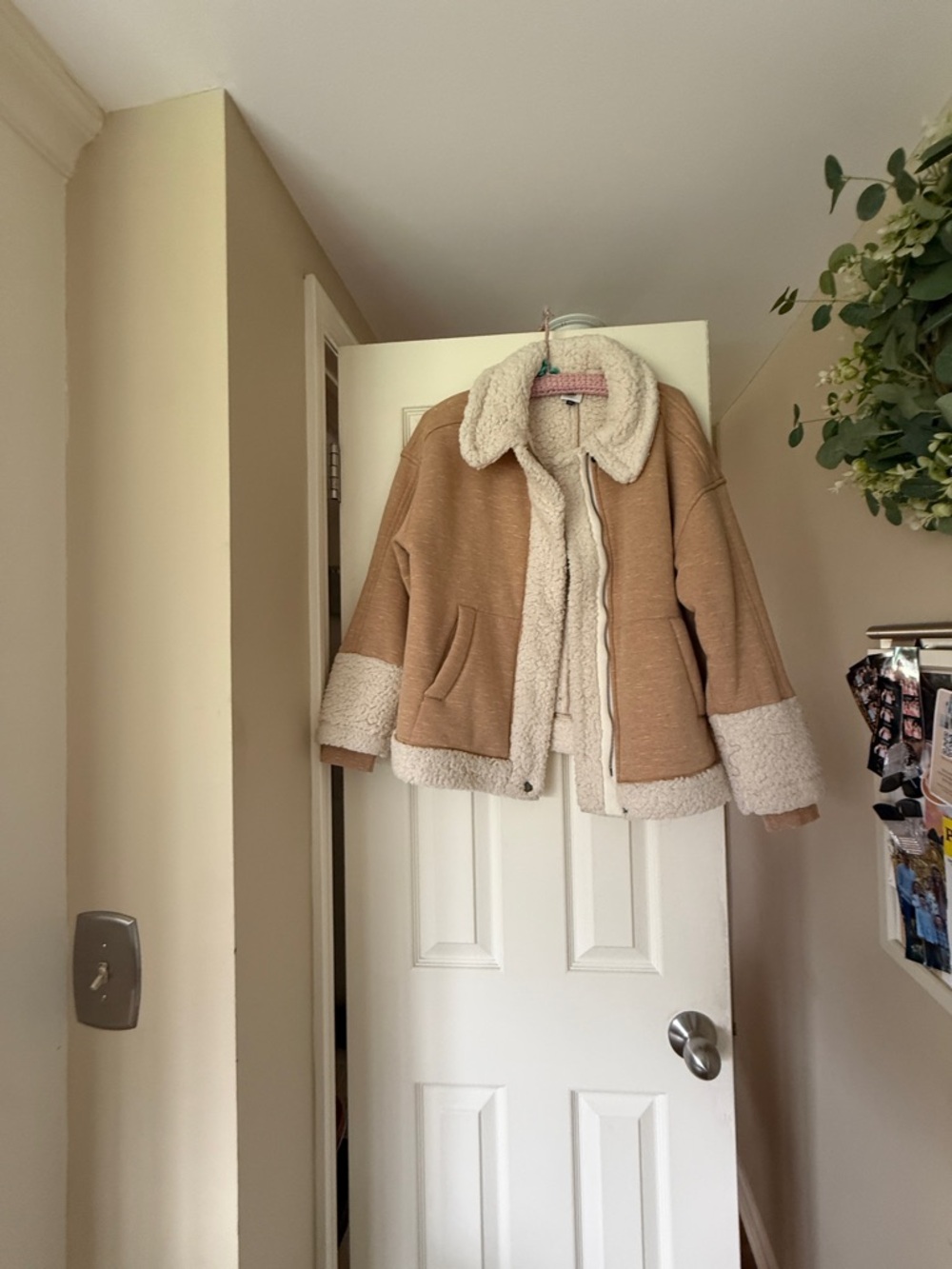CAbi Tan Teddy Jacket with Cream Sherpa Trim